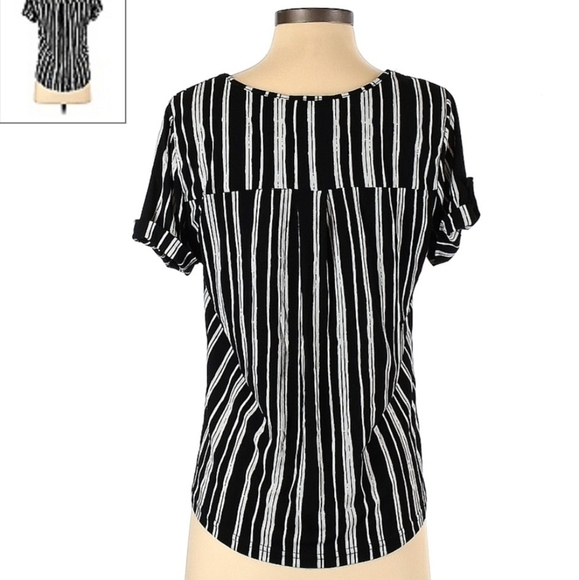 The Workshop Black White Stripe Zipper Pocket Short Sleeve Top Women's Medium M - Picture 2 of 8